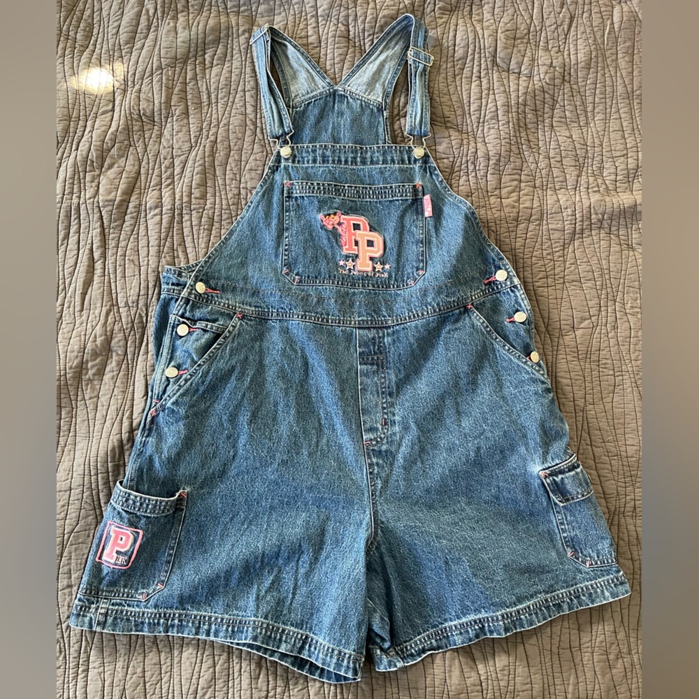 Vintage Y2k Pink Panther Embroidered Denim Shortall Overalls Jeans 18W/20W 2002